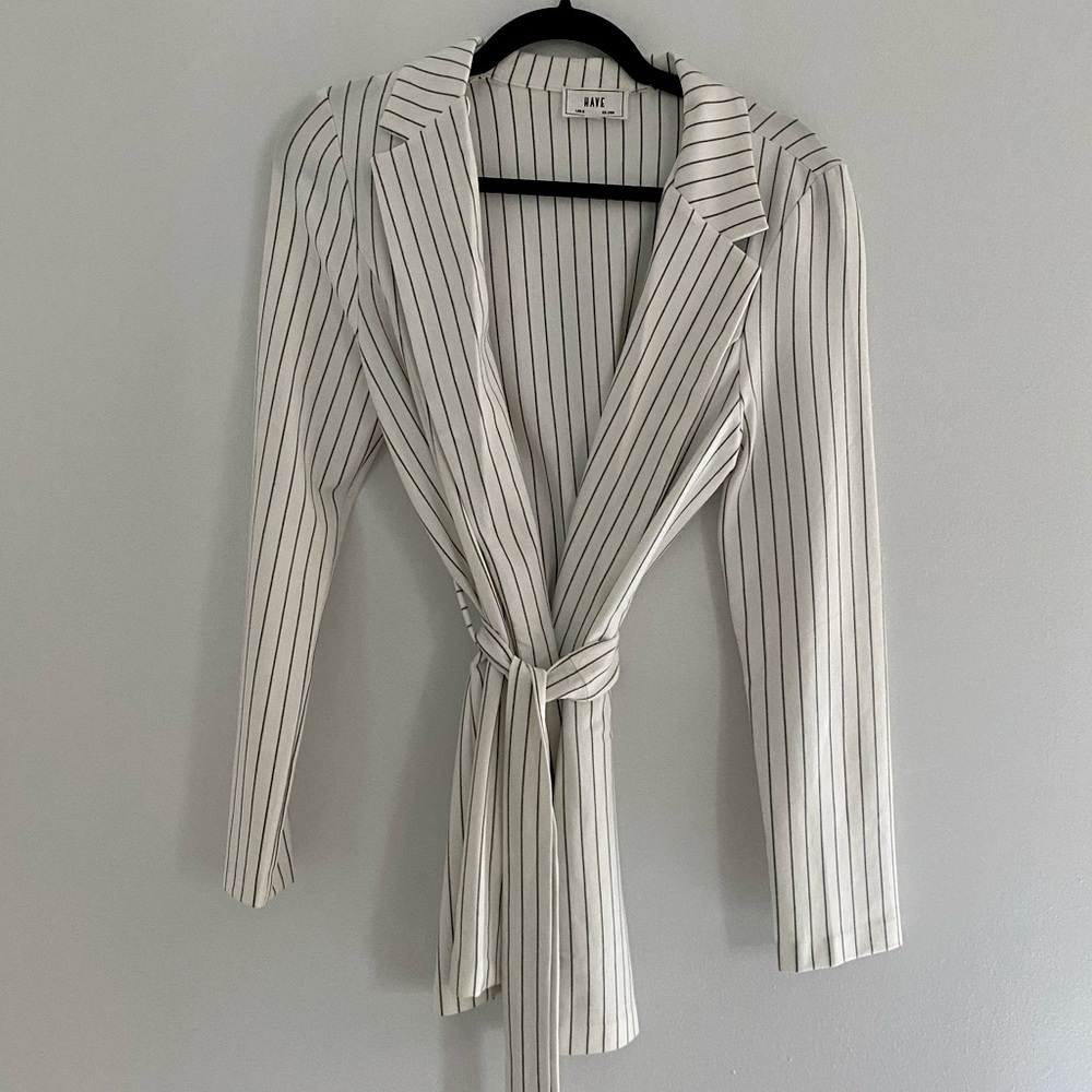 White & Black Pinstripe Tie Waist Blazer
